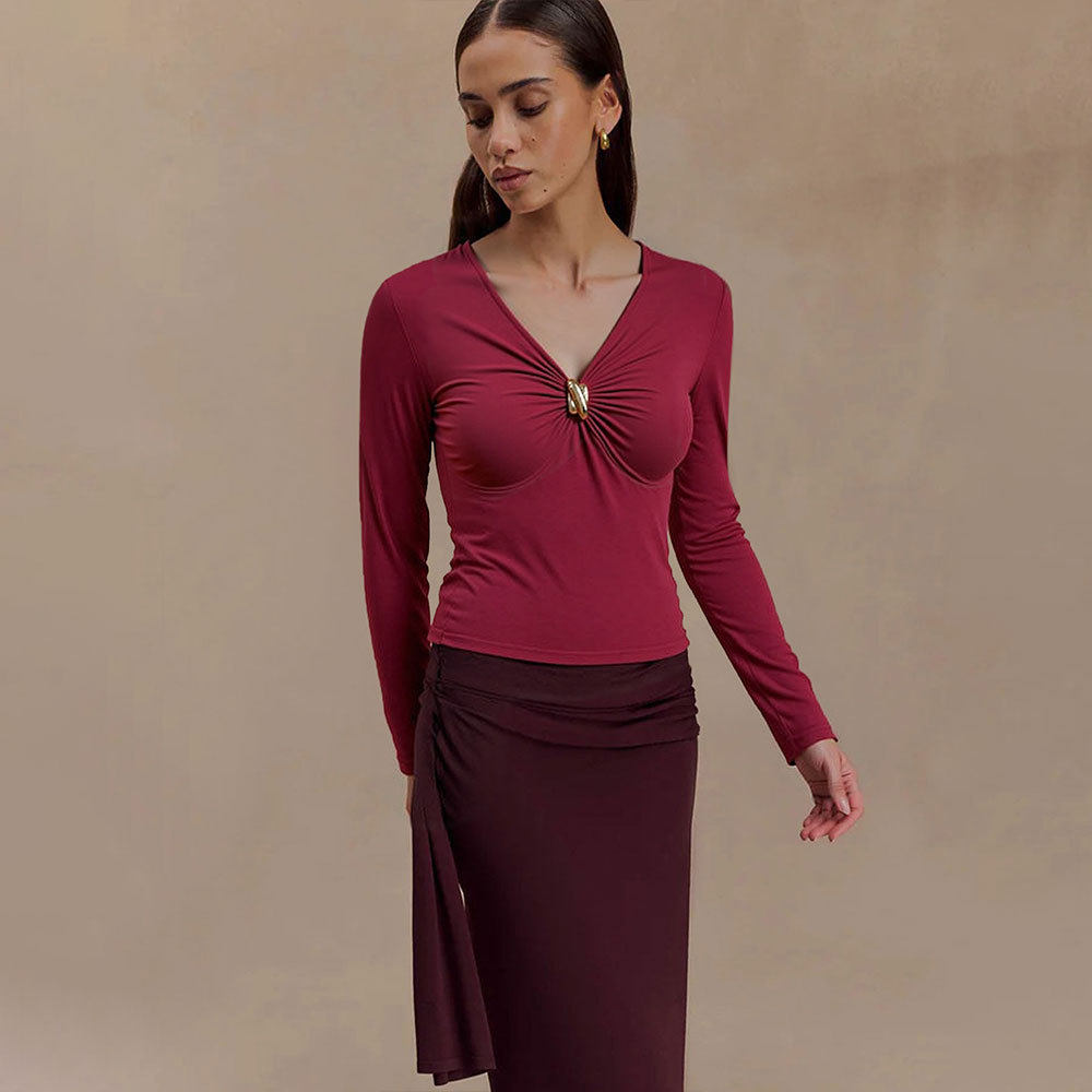 V Neck Slim Fit T Shirt Burgundy Color Soft Fabric Spring Summer Style Perfect for Casual Wear Wholesale Available