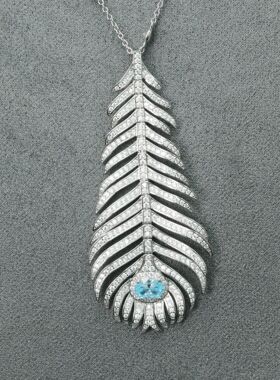 925银镀金海蓝宝羽毛项链高级感