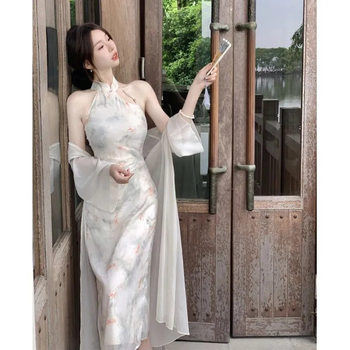 New Chinese Style Young Girl's Improved Halterneck Cheongsam Dress for Women Summer Ink Painting Chinese Style Zen Waist Long Skirt