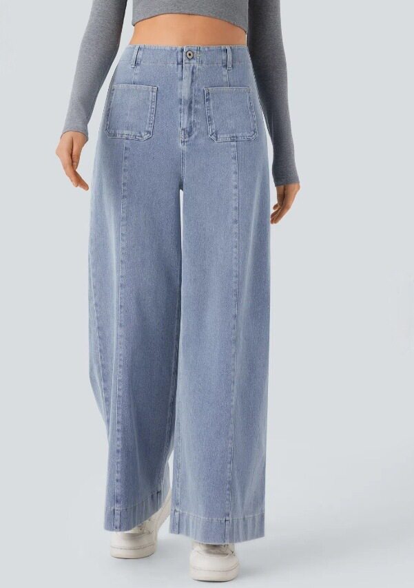 High Waisted Pocketed Patchwork Button Zipper Wide Leg Jeans Womens Fashion Fall Winter Collection Wholesale Available