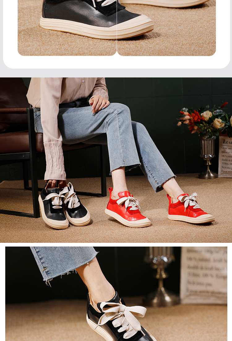 Giày sneaker nữ da bò thật đế bằng dáng thấp thoải mái — đen, màu đỏ