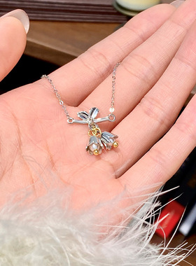 S925纯银铃兰花蝴蝶项链女森系淡水珍珠轻奢锁骨链小众饰品