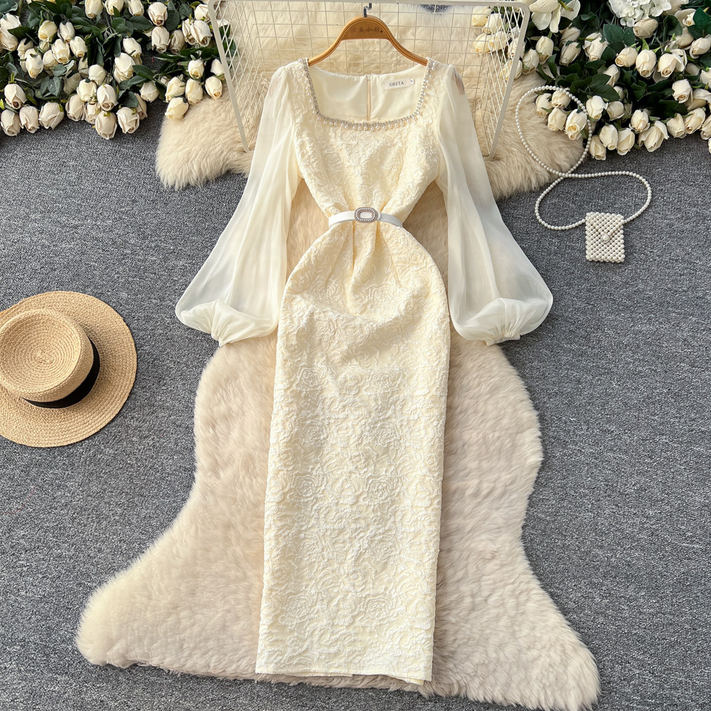 Elegant Purple Lace Dress for Women Puff Sleeve Slim Fit Diamond Accents Midi Length Perfect for Parties and