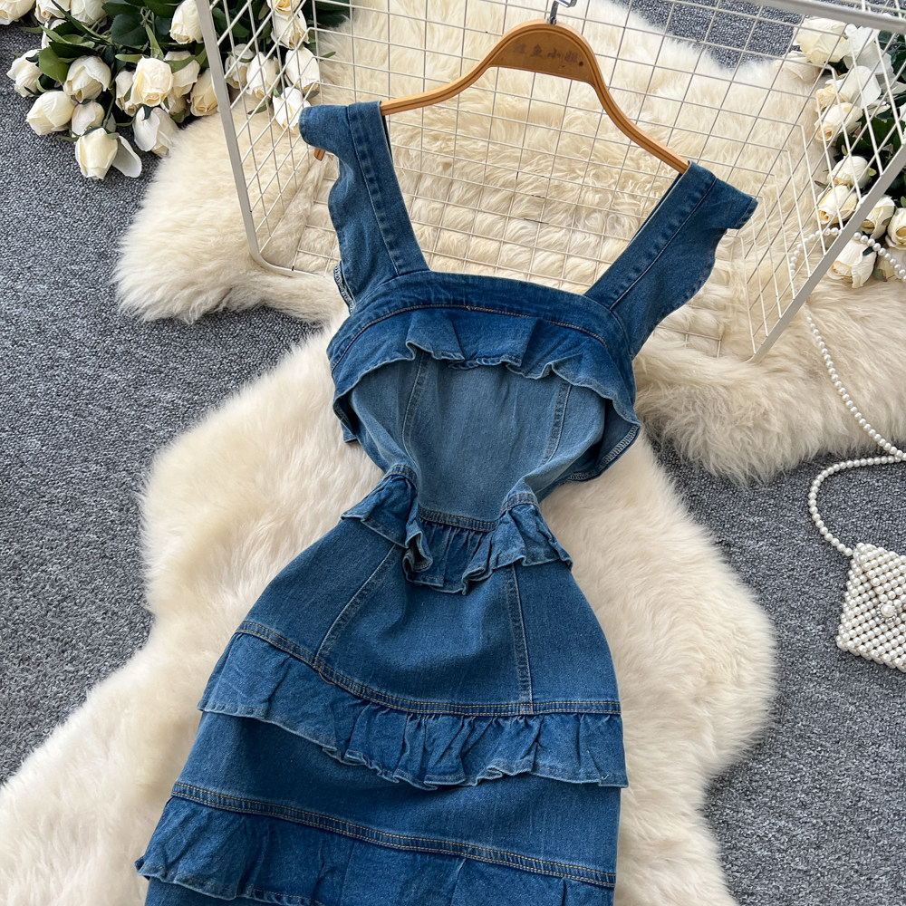 Blue Denim Ruffle Hem Cami Dress French Romantic Style Square Neck Slim Fit Summer Fashion for Women Wholesale