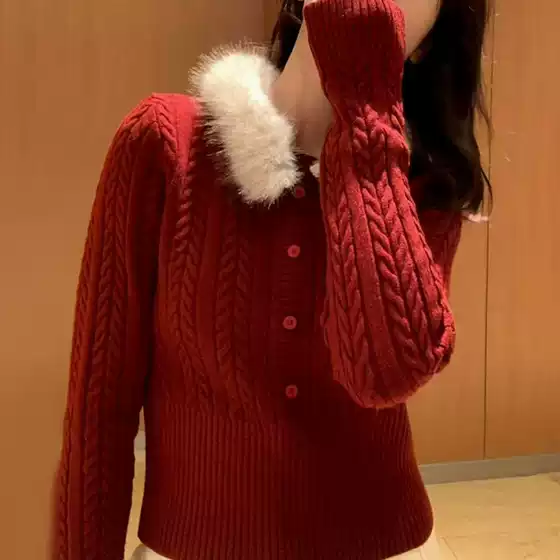 KANING Faux Fur Collar Cable Knit Sweater Pullover 2026 Fall Winter New Lazy Style Slim Waist Knit Top