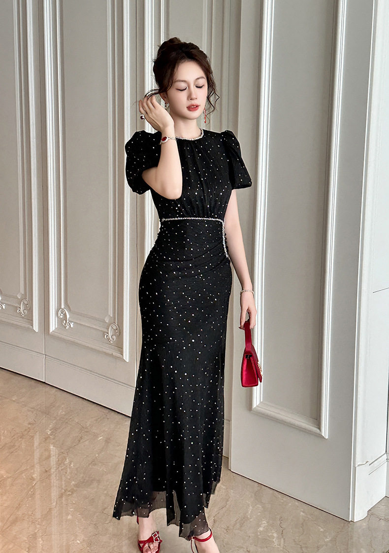 Đầm maxi nữ đuôi cá tay bồng cổ tròn cao eo — [Hồng], [Đen] chi tiết 17