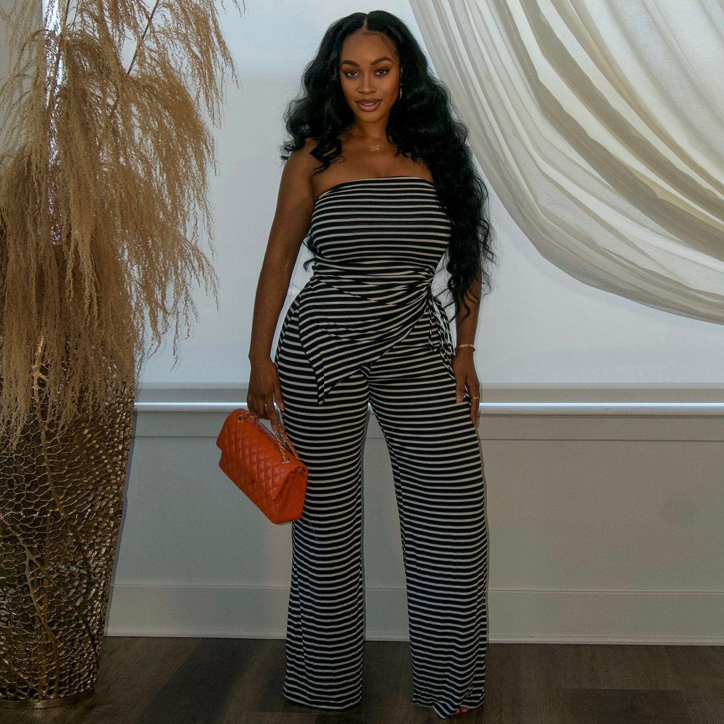 Summer Womens Fashion Vintage Striped Strapless Top and Casual Comfortable Long Pants Set Trendy Style for Everyday Wear