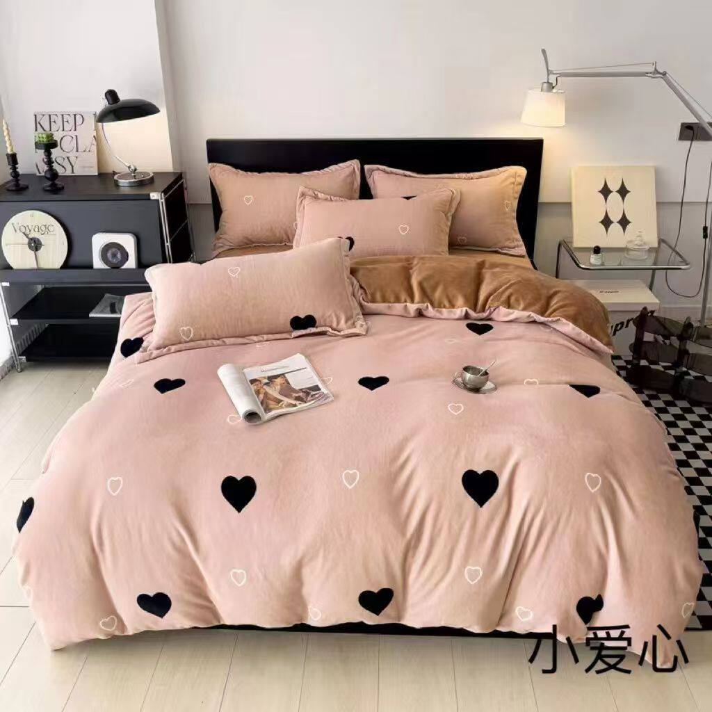 Light Luxury Style Thickeneded Double-Sided Milk Velvet Bed Four-Piece Set Winter Coral Velvet Fleece-Lined Bed Sheetss and Quilt Covers Bedding