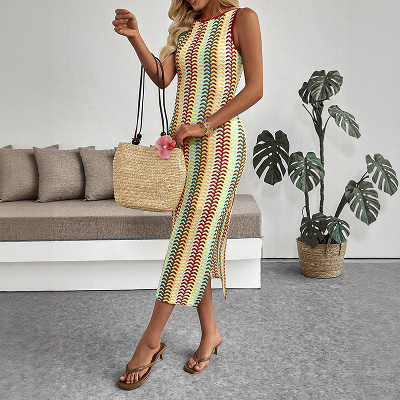 Sleeveless Striped Color Block Bodycon Dress Round Neck Ethnic Style Vacation Wear Wholesale Available
