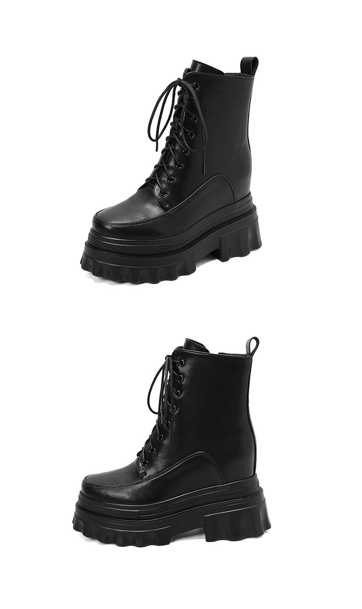 Boot Martin nữ đế dày tăng chiều cao 10cm, cổ thấp gót nêm da bò thật — Lớp lót đơn màu đen, Lớp lót đơn màu nâu sẫm, Lớp lót nhung đen, Lớp lót nhung màu nâu sẫm