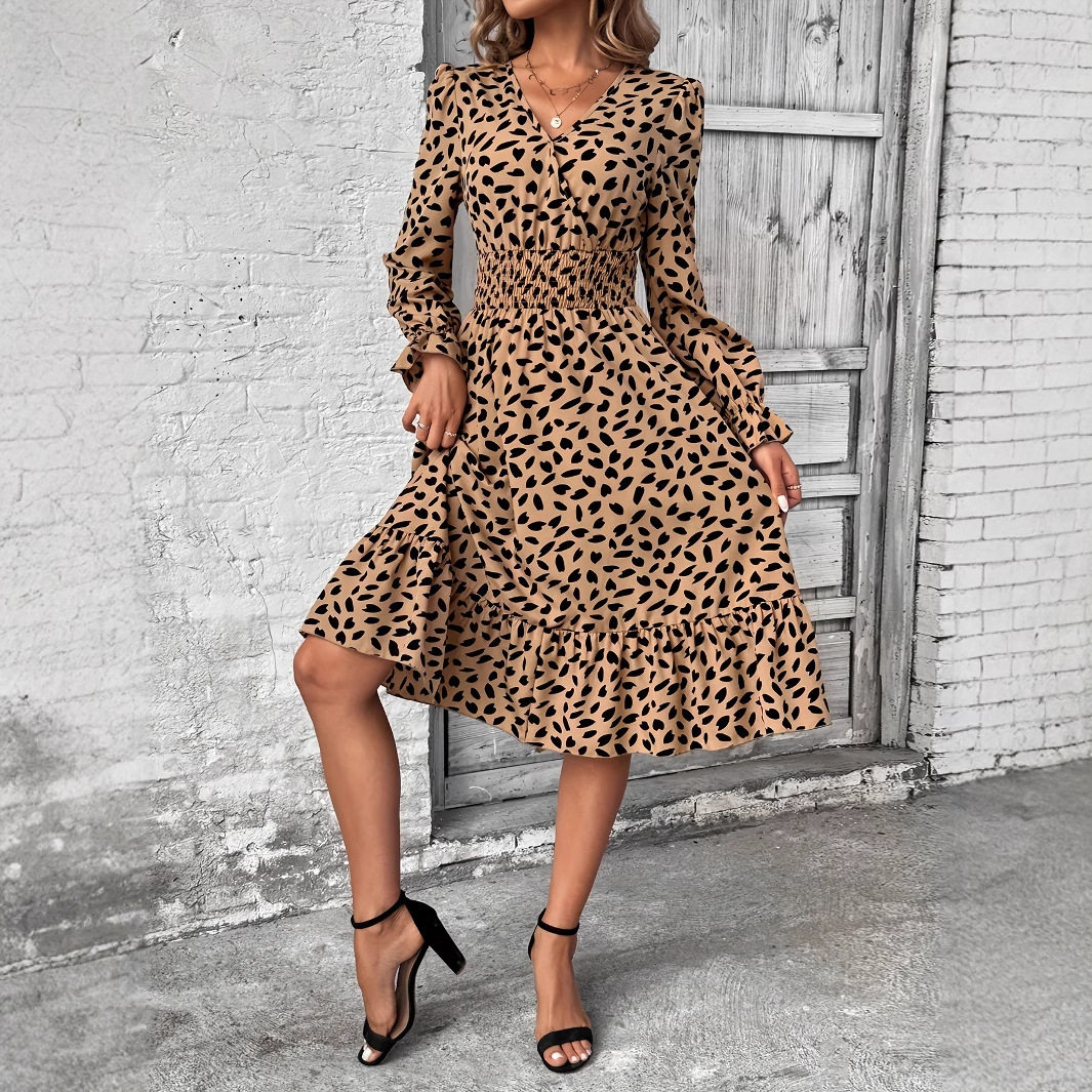 Leopard Print Long Sleeve Dress Casual Chic Style Perfect for Work or Social Events Wholesale Available