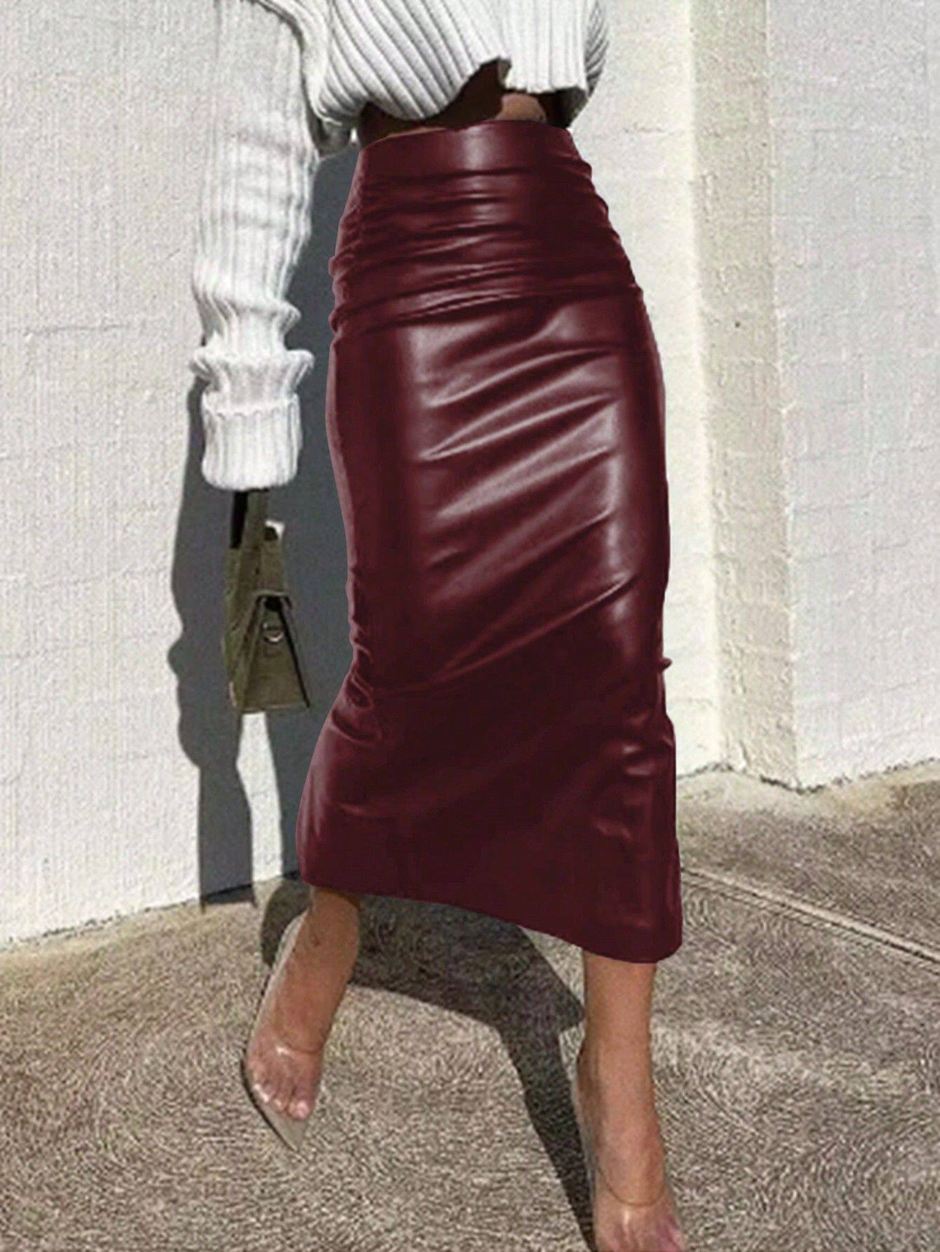 PU Bodycon Skirt High Slit Ruched Design Elegant Style Perfect for Parties and Night Out Ready to Ship