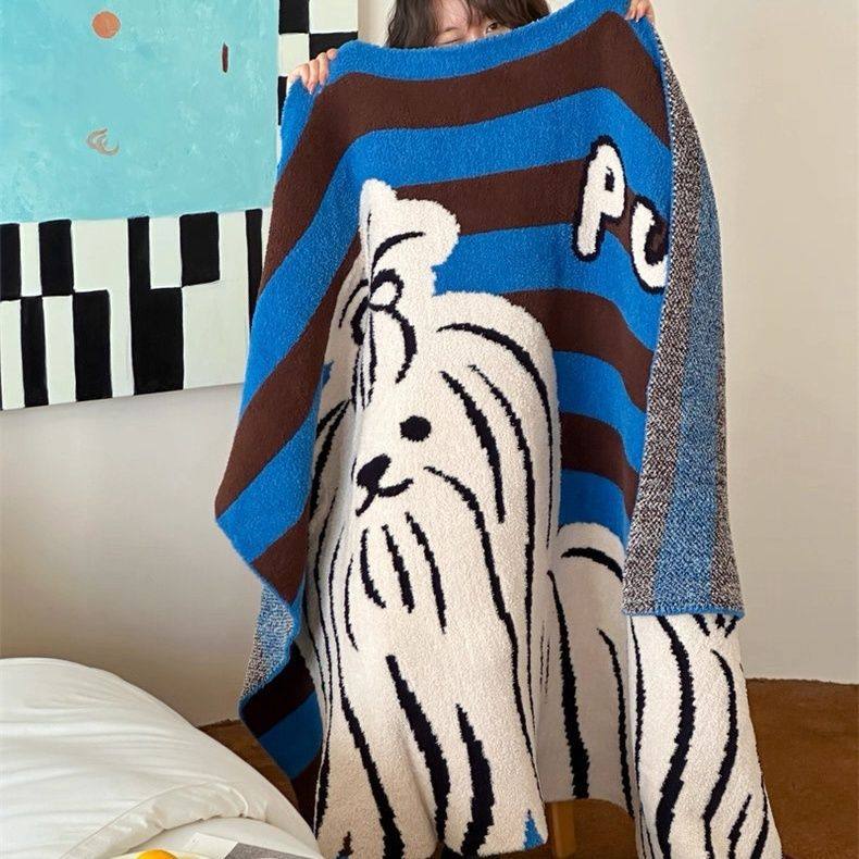 F8H American-Style Blue Striped Multifunctional Knitted Half Blanket, Nap Blanket, Thickened Blanket for Bed