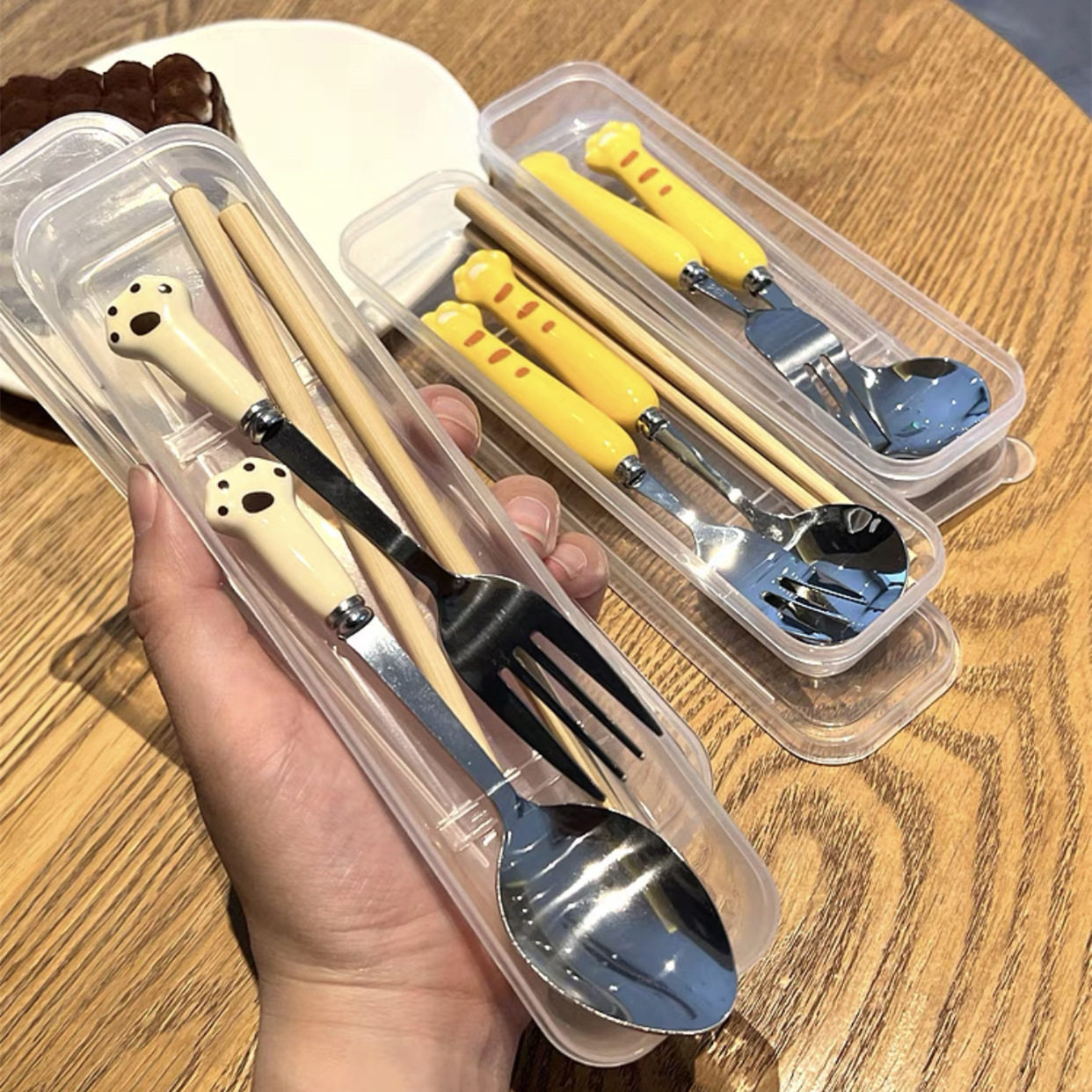 Creative cute ins stainless steel spoon tableware suit portable imitation porcelain handle duck cute cat claw spoon Fork High color value 1