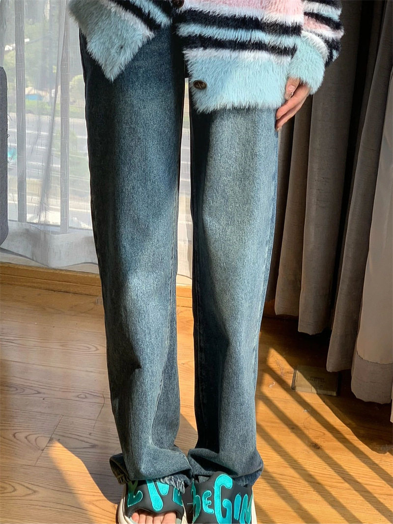 Retro Color Block Straight Leg Jeans for Women Loose Fit Versatile Flattering Design Spring and Autumn Style