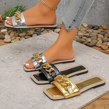Foreign Trade Large Size Metal Chain Flats Slippers for Women 2025 Spring and Summer New European and American Fashion Casual Slippers Wholesale