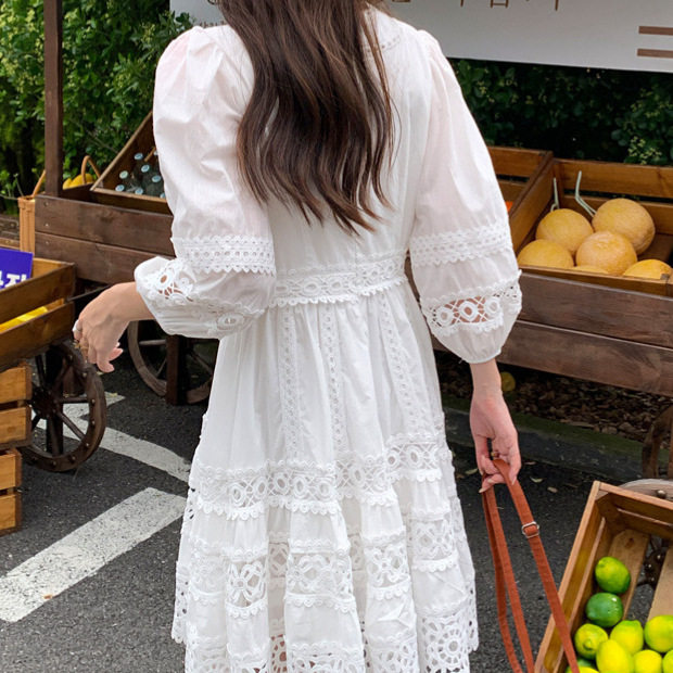 Womens Long Sleeve Dress French Style Slim Fit V Neck Lace Button Closure Perfect for Casual or Formal Occasions
