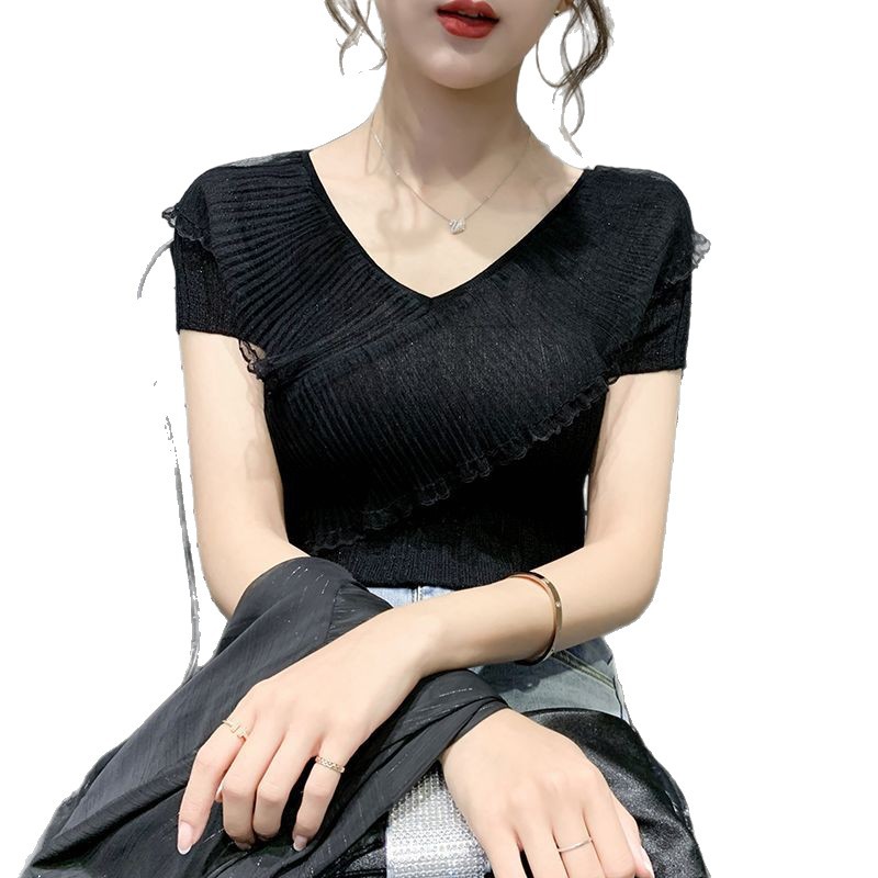 Summer Womens Sheer Knit Top Ruffle Hem V Neck Lightweight Ice Silk Casual Wear Stylish Design OEM Available