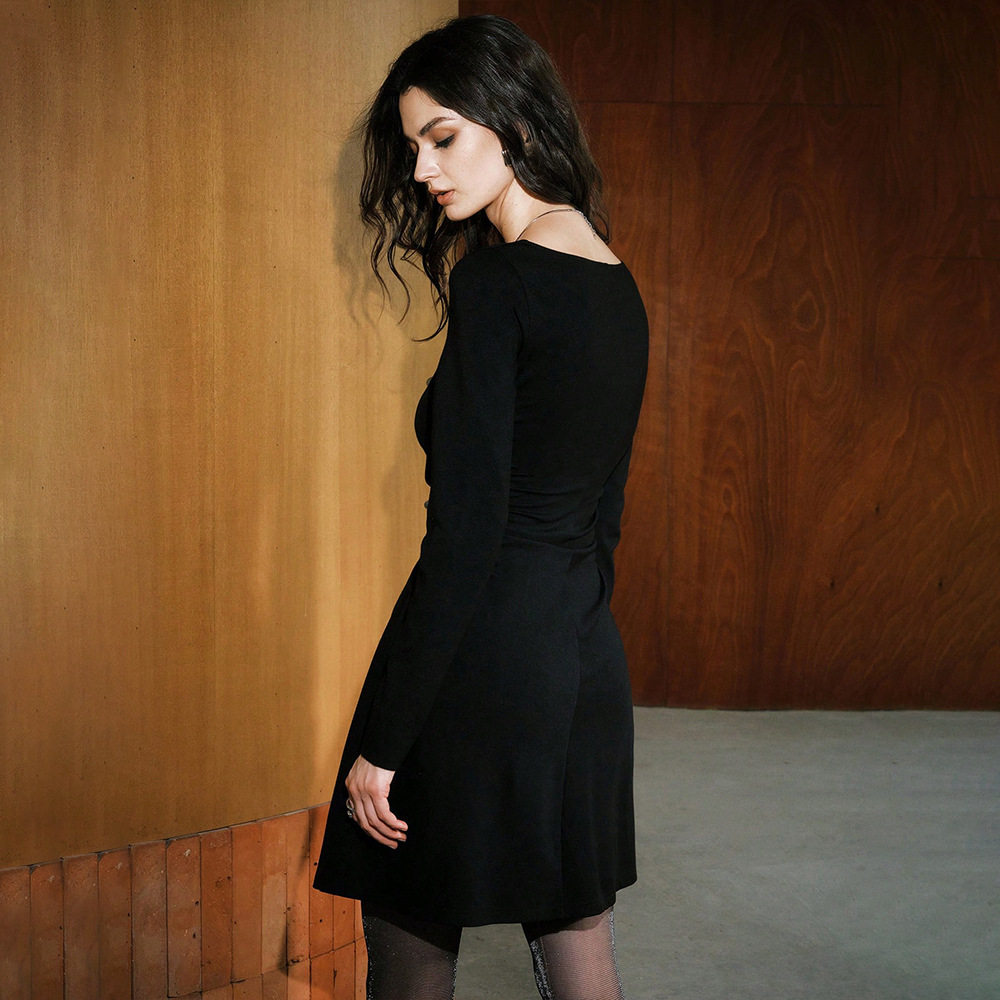 Black Lace Trim Long Sleeve Dress Slim Fit Waist Defining French Style Elegant Evening Wear Wholesale Available