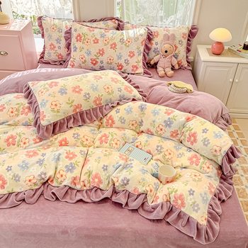 Winter Thickeneded Milk Velvet Four-Piece Set Korean Style Lace Fleece-Lined Quilt Cover Bed Sheetss Warm Double-Sided Velvet Quilt Cover Three-Piece Set