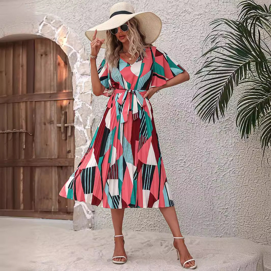 Floral Print Maxi Dress Short Sleeve Tie Detail Elegant Design Perfect for Summer Events Wholesale Available