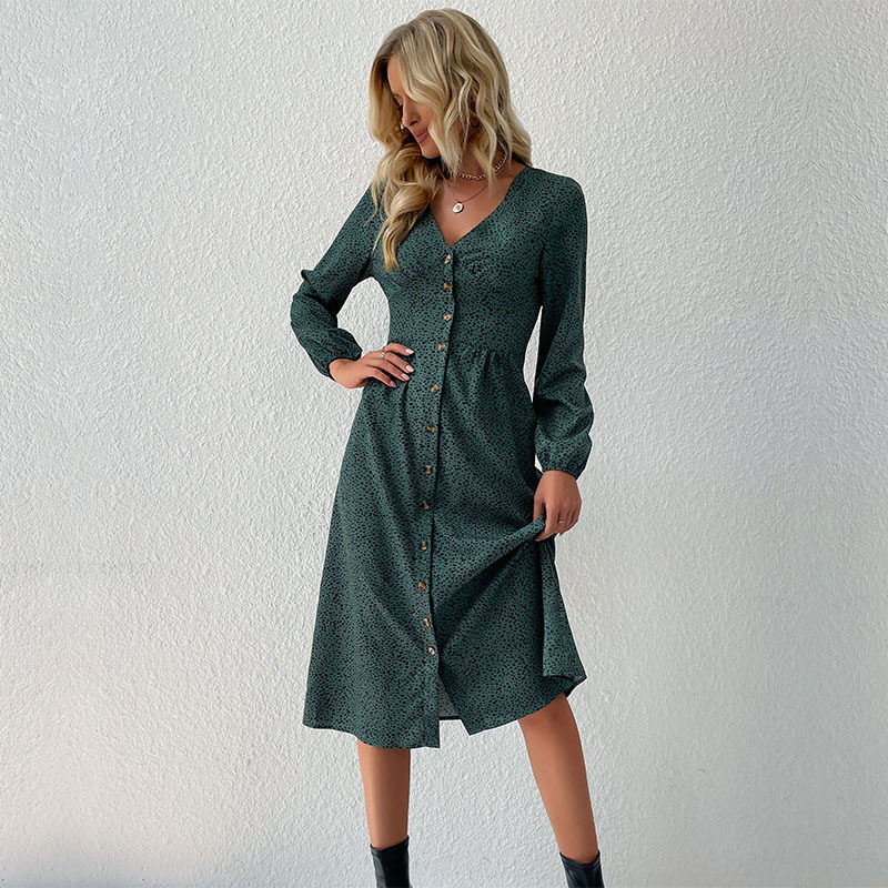 Fashionable Womens Long Sleeve Dress V Neck Single Breasted Elegant Design Autumn Wear Wholesale Available