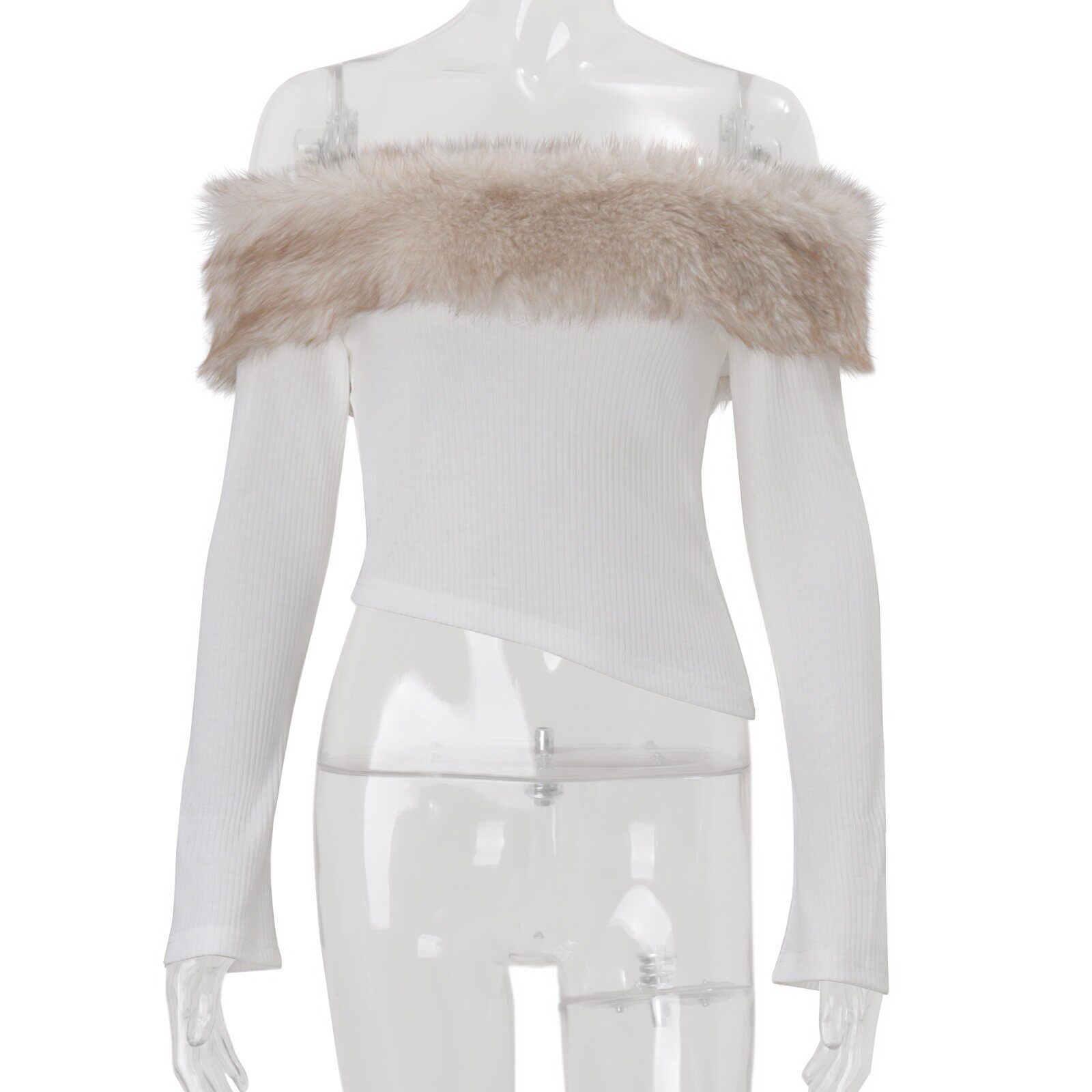 Womens Winter Top Sexy Off Shoulder Design Irregular Long Sleeve with Fur Collar Slim Fit Perfect for Casual or