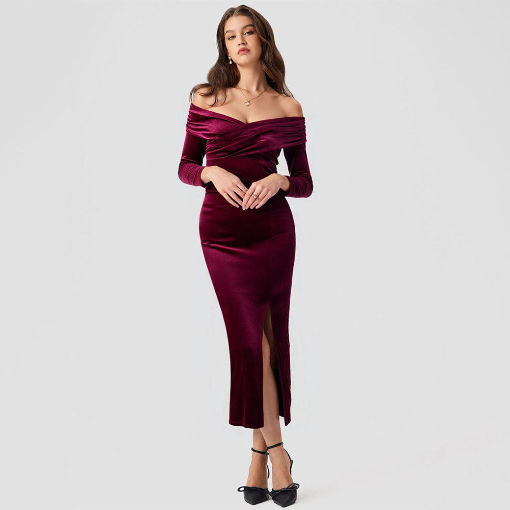 Velvet Bodycon Midi Dress for Women Cross V Neck Off Shoulder Side Slit Elegant Evening Wear Wholesale Available