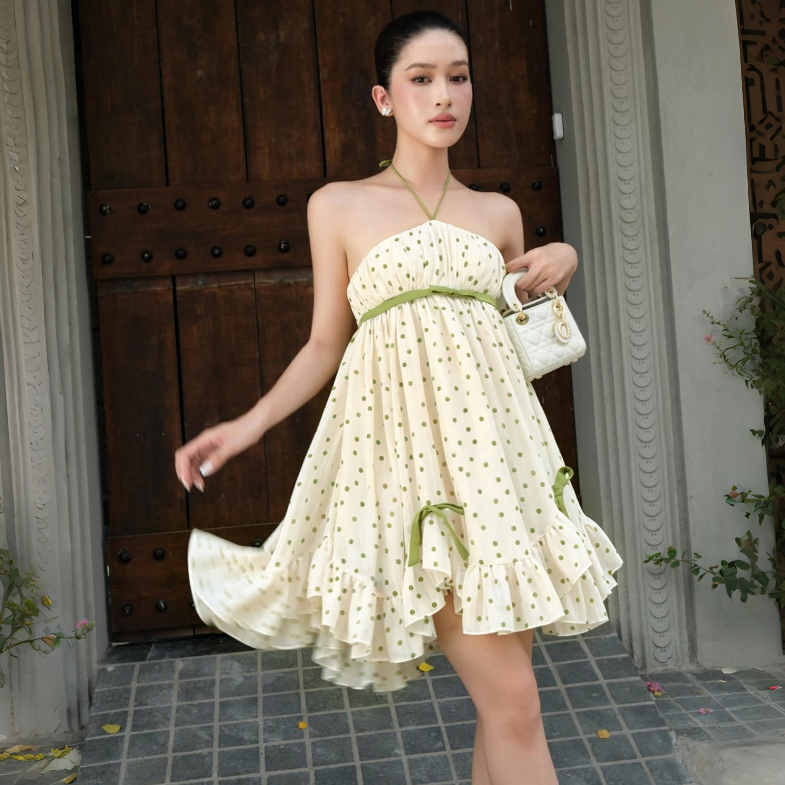 French Style Off Shoulder Polka Dot Chiffon Dress Loose Fit Vacation Ready Summer Wholesale Available