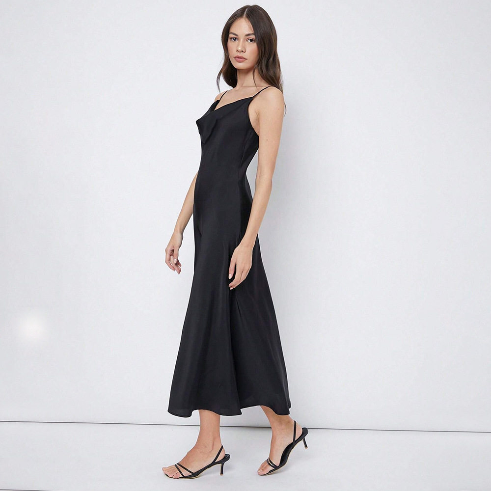 Satin Maxi Dress Glossy Finish Spaghetti Straps Elegant Design Perfect for Parties and Gatherings Wholesale