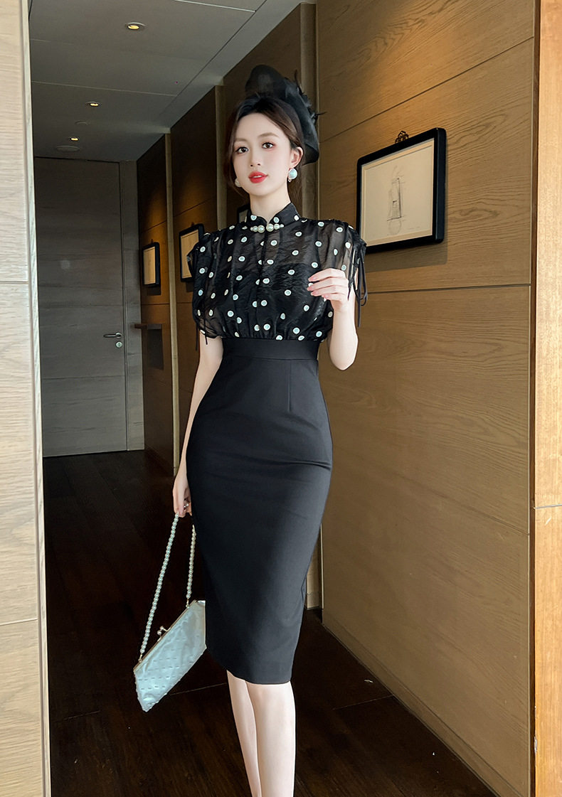 Đầm ôm body nữ cổ đứng tay ngắn phong cách sườn xám retro họa tiết chấm bi — [Màu đen] chi tiết 5