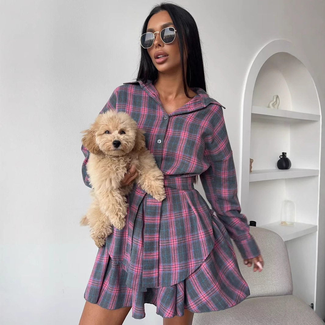 Plaid Two Piece Set Loose Fit Shirt with Lapel Waist Tie Flared Skirt Casual Fashion for Women Wholesale Available