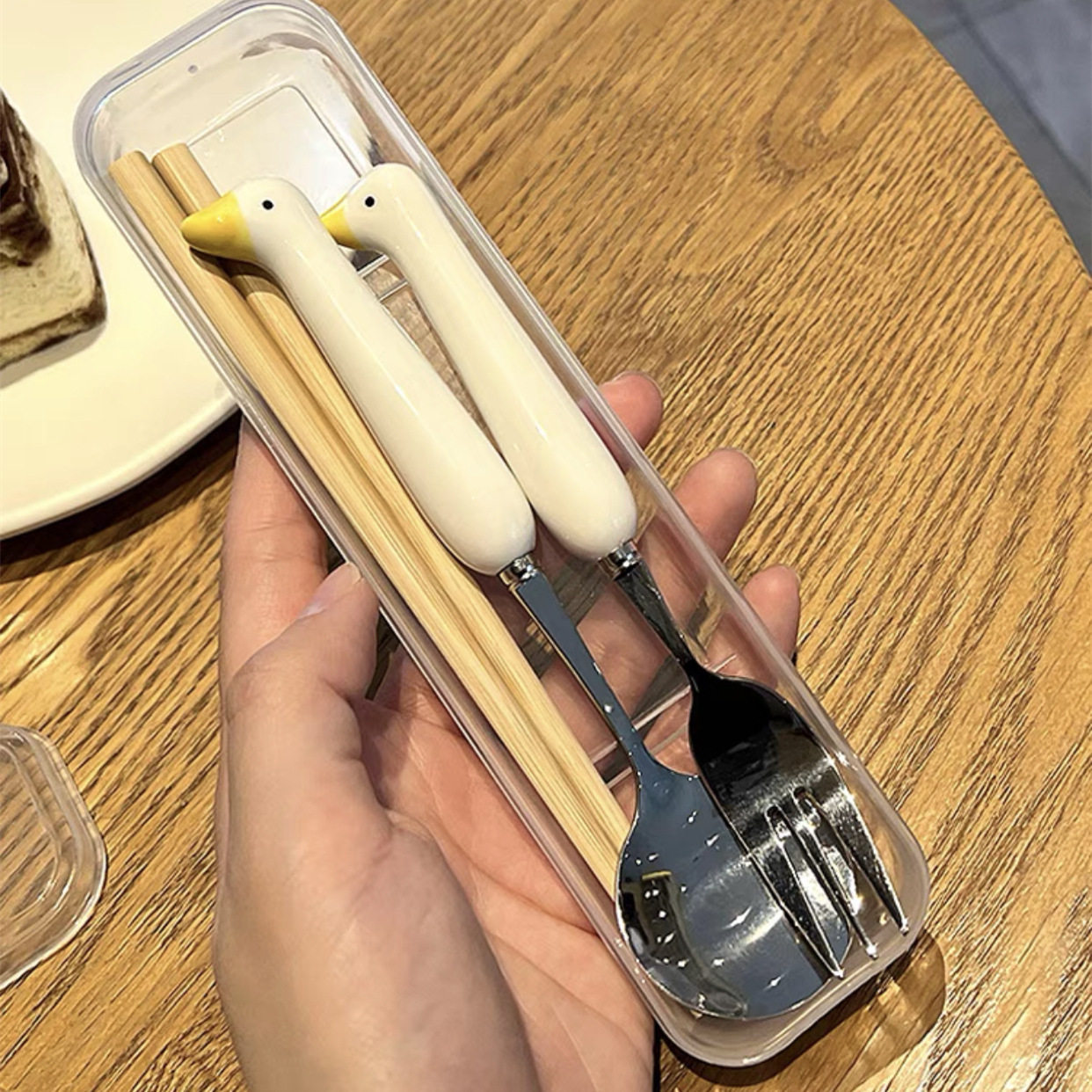 Creative cute ins stainless steel spoon tableware suit portable imitation porcelain handle duck cute cat claw spoon Fork High color value 1