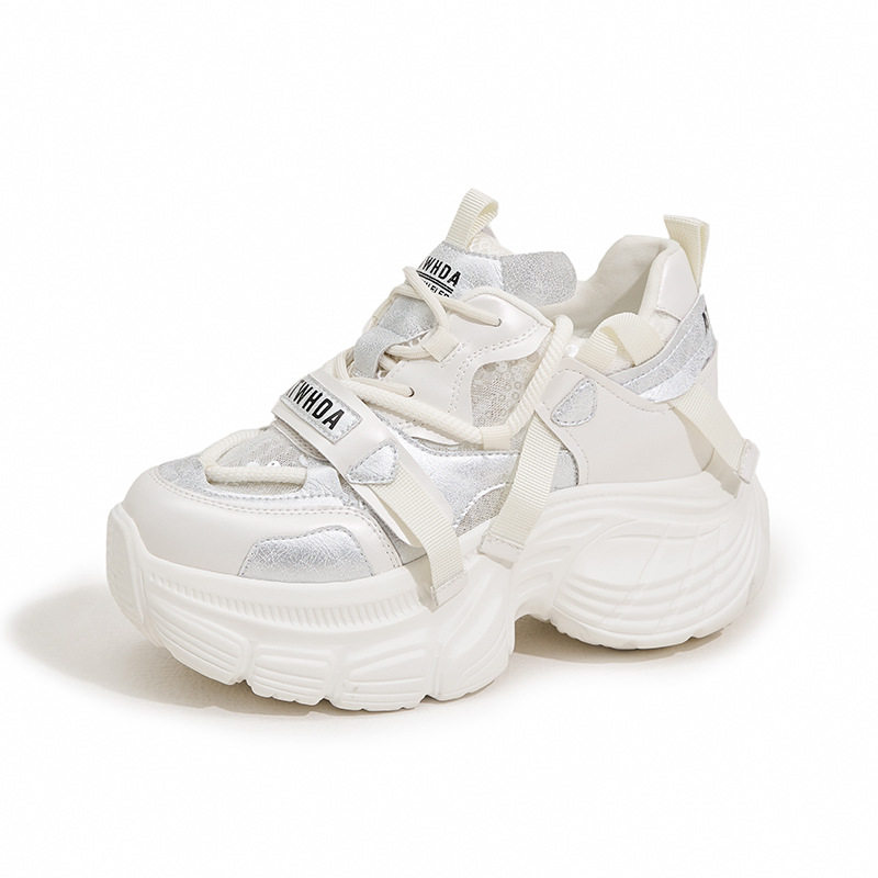 Giày sneaker nữ chunky đế dày lưới thoáng khí gót siêu cao 8 cm — Len tinh khiết, Bạc, Tím