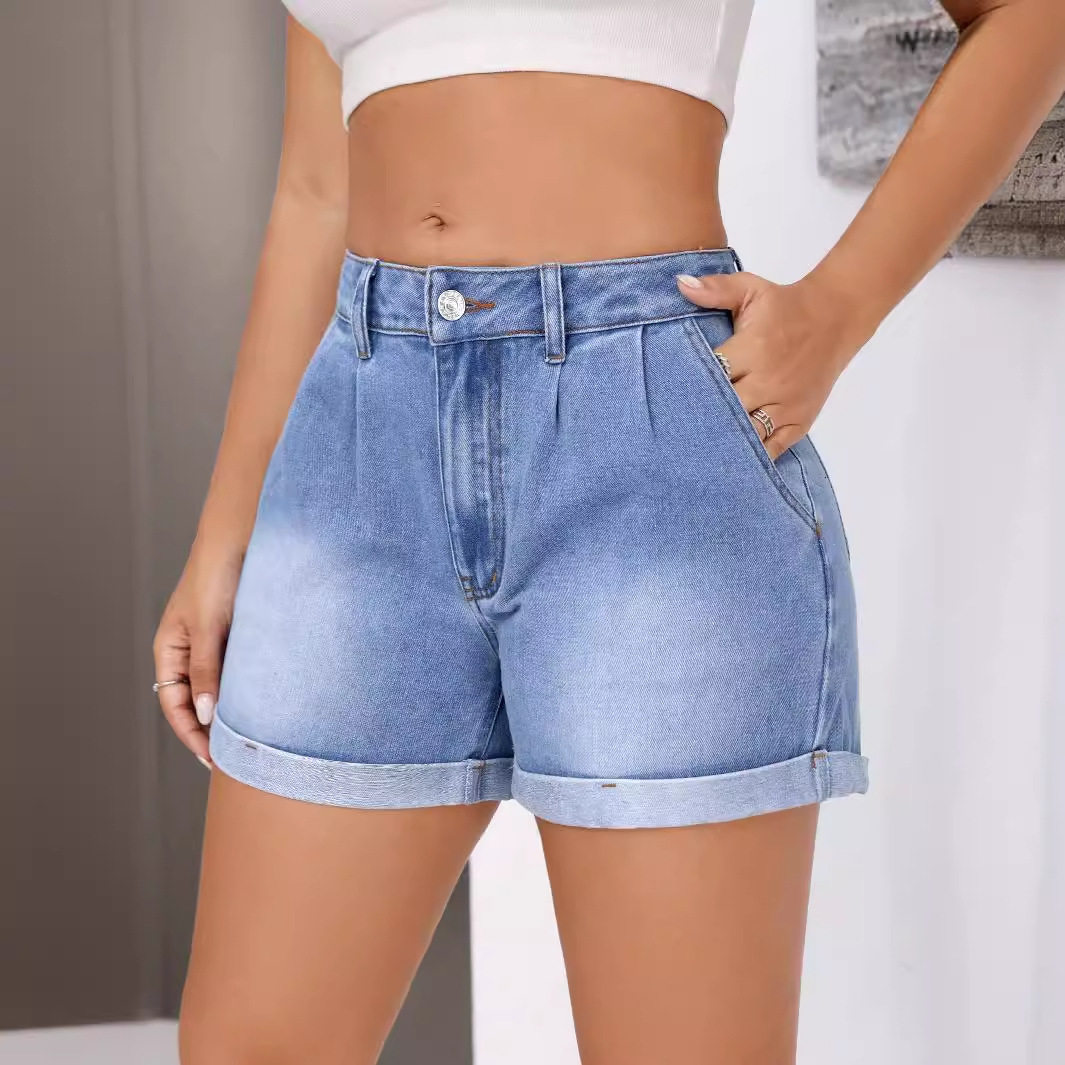 Loose Fit High Waisted Denim Shorts Versatile Flattering Rolled Hem Casual Summer Wear Wholesale Available