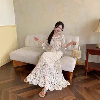 Winter New Niche Design Waist Slimming Korean Style High-End Sweet Elegant Elegant Cut Out Crochet Two-Piece Set