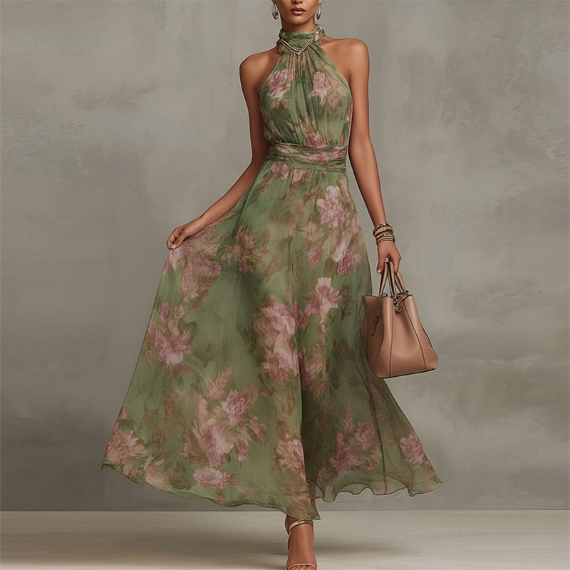 Elegant Floral Print Halter Neck Dress Spring Collection Waist Defining Chic Style Perfect for Parties or Casual