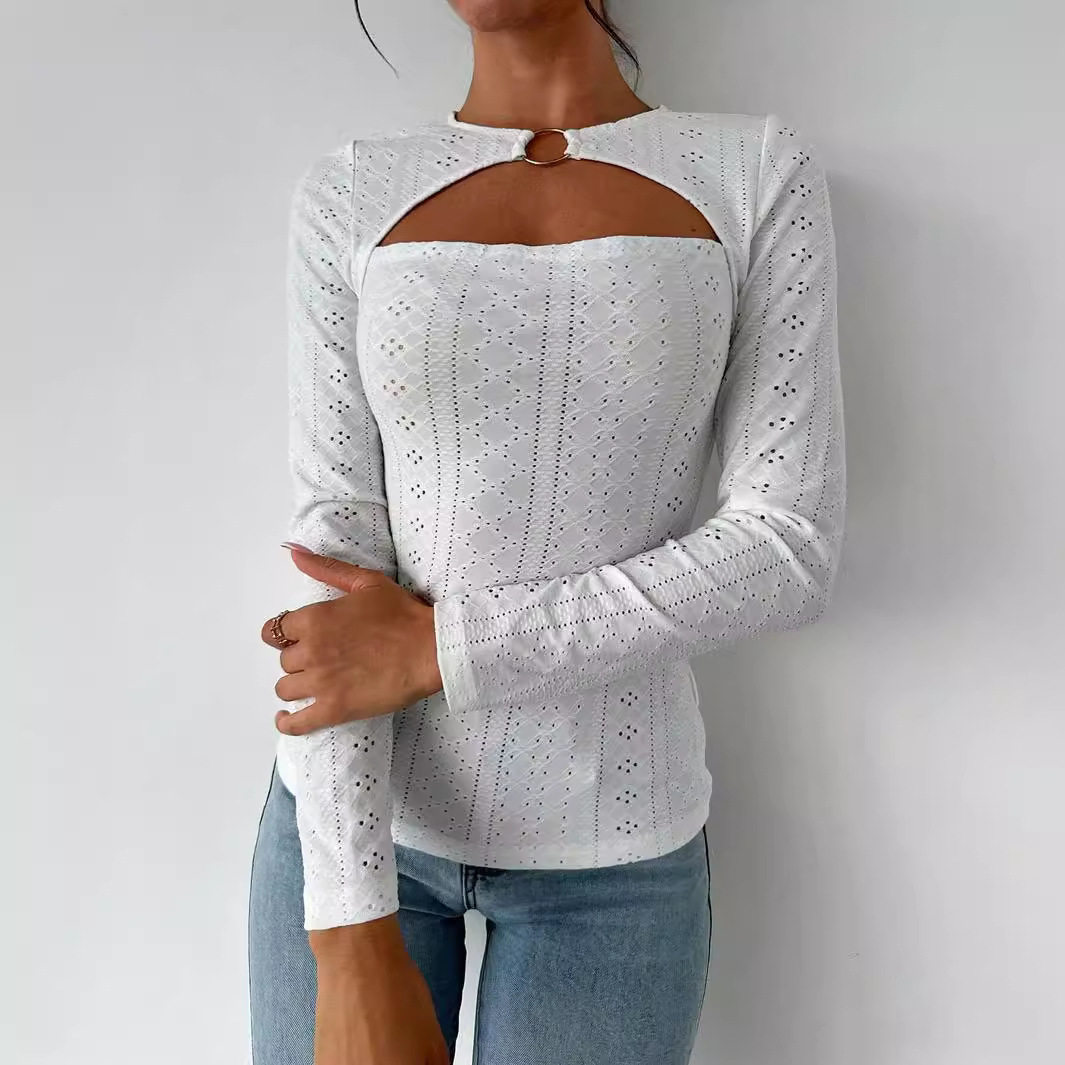 Elegant Womens T Shirt Minimalist Design Lace Hollow Out Long Sleeve Spring Summer Fashion Versatile for Work