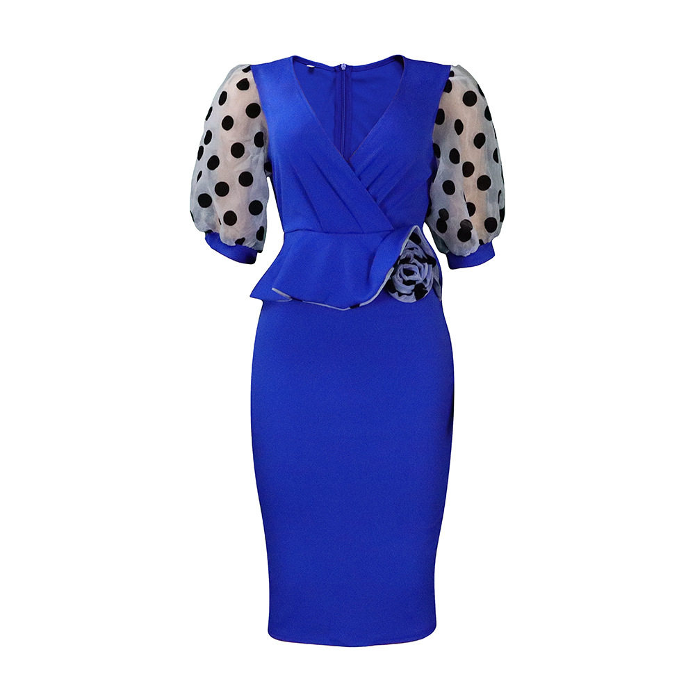Womens Pencil Dress Spring Summer Collection Mesh Puff Sleeve Color Block Design Elegant Style Wholesale Available