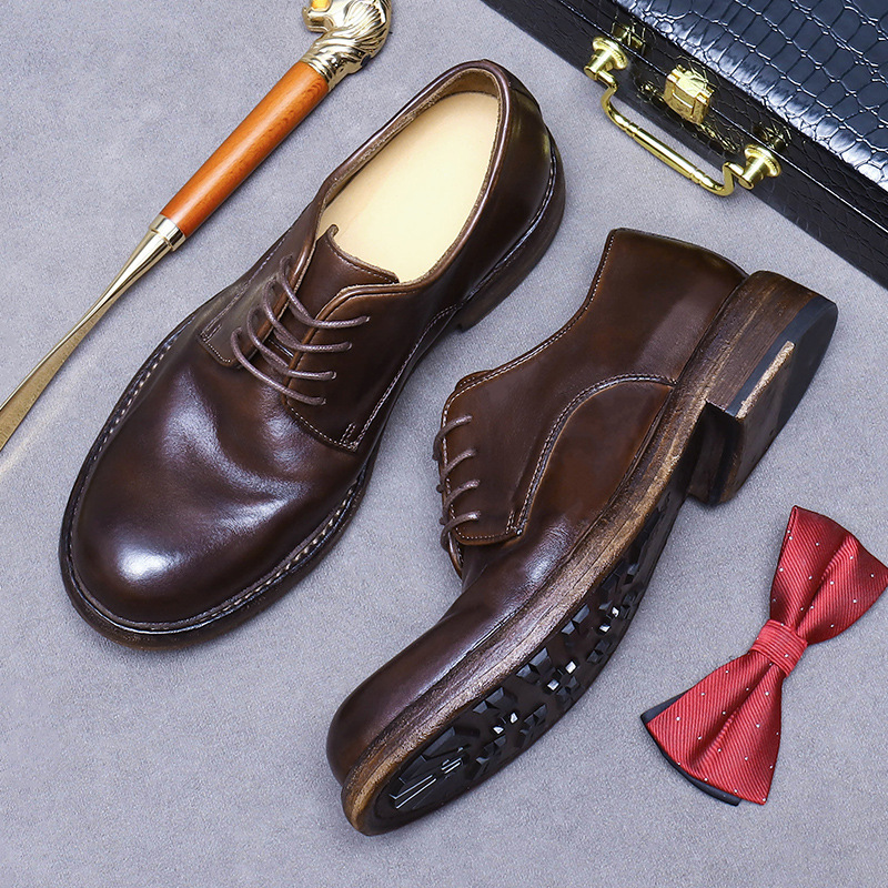 Giày Derby nam da bò thật đế da khâu Goodyear mũi tròn — Màu nâu
