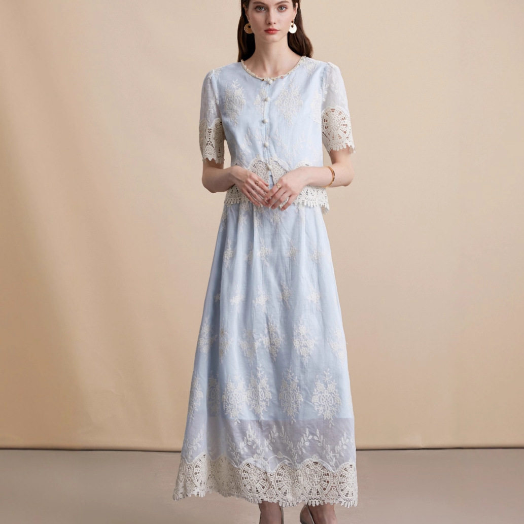 Vintage Ethnic Style Hollow Out Crochet Design Womens Summer Set Short Sleeve Shirt High Waist Slimming Skirt Casual