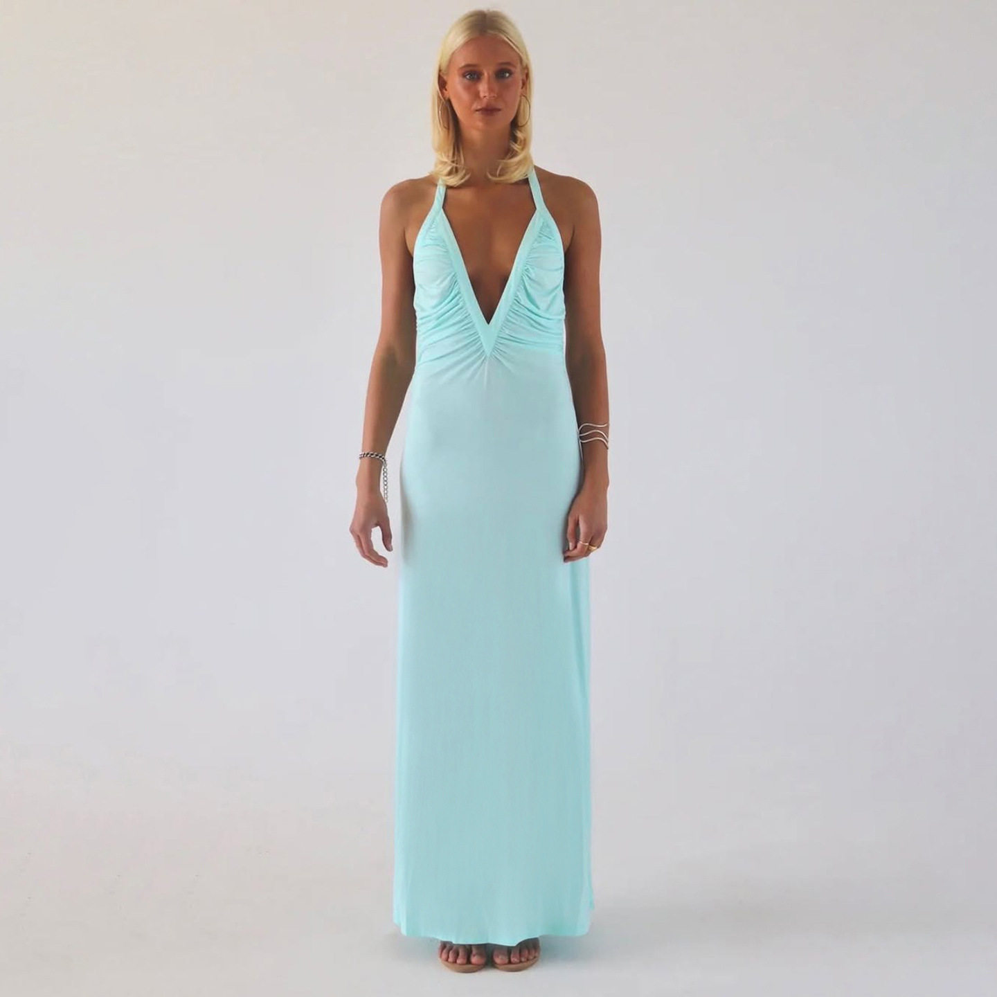 Summer Womens Dress Solid Color Pleated Sexy Deep V Fashionable Halter Neck Bodycon Style Perfect for Parties