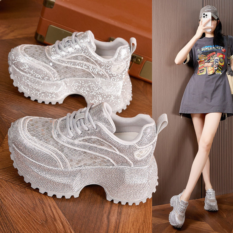 Sandal cao gót nữ hở mũi đính đá rhinestone, gót siêu cao 8 cm, quai trước dây buộc — Xám bạc, Trắng, Đen