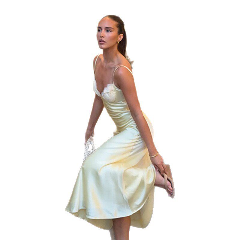 Elegant Cream Yellow Lace Trimmed Slip Dress Slim Fit Summer Style Soft Satin Fabric Wholesale Available