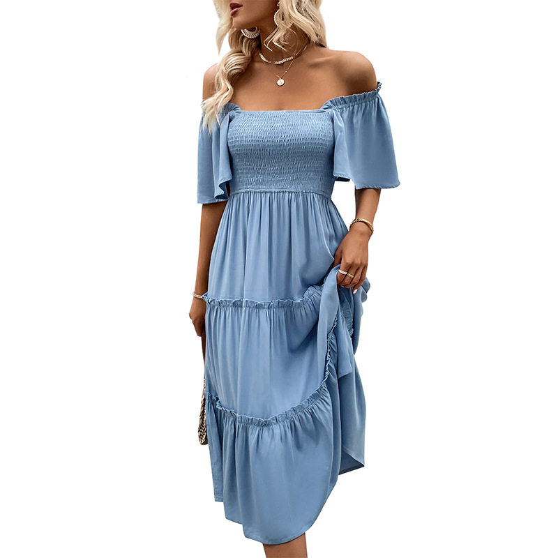 Summer Casual Midi Dress Off Shoulder Ruffle Sleeves Solid Color Vacation Wear Wholesale Available