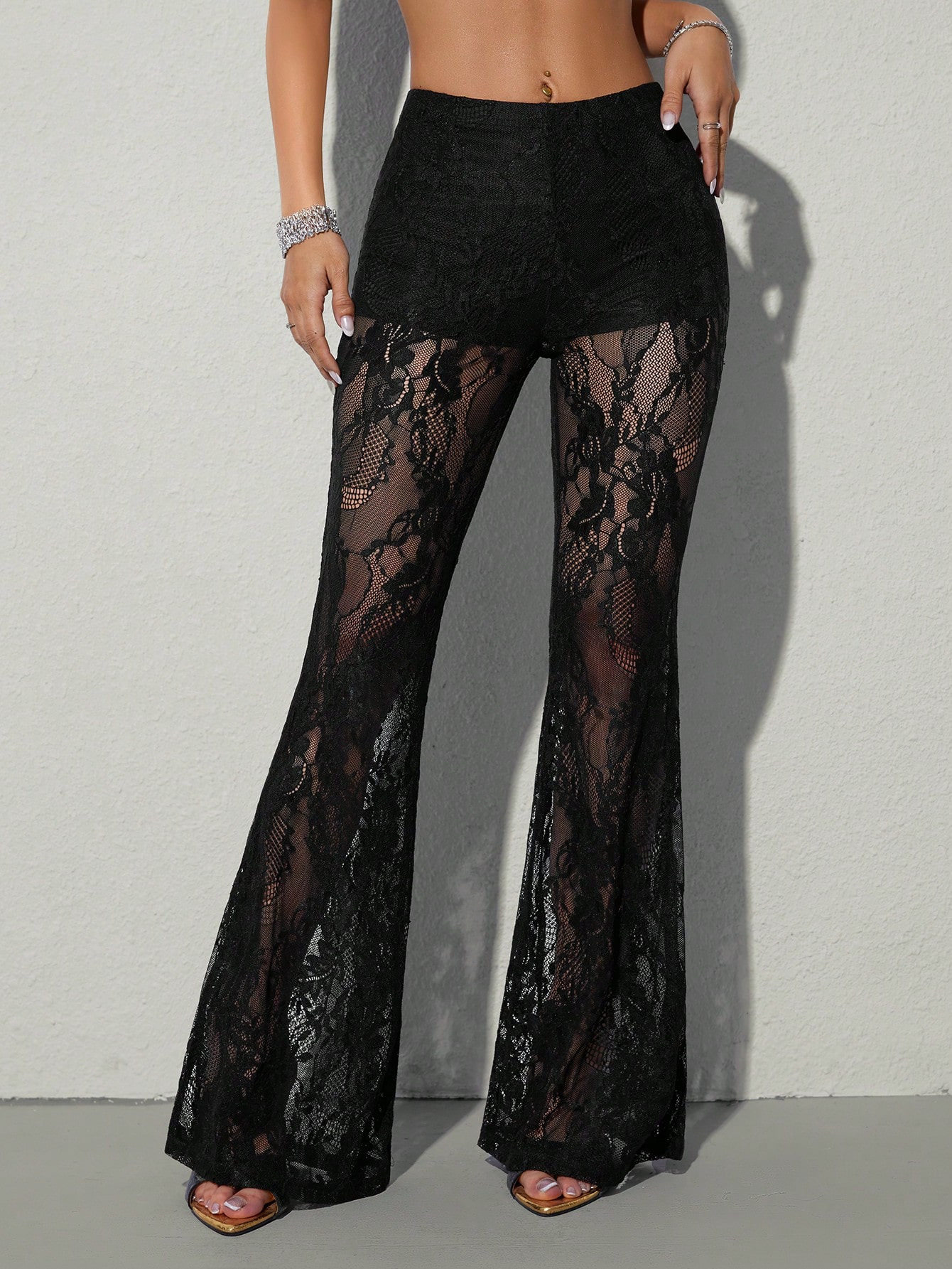 lace bell-bottom pants for women European and American hottie style sexy see-through micro-flared trousers