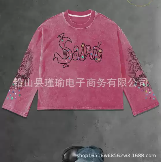 Cross-Border American Retro Heavy-Duty Washed Vintage Sweatshirt with Heavy-Duty 3D Digital Saint Lettering, Loose Fit for Men and Women
