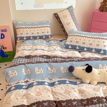 New Ins Cartoon Cute Girly Heart Thickeneded Warm Milk Velvet Four-Piece Set Double-Sided Coral Velvet Winter Three-Piece t