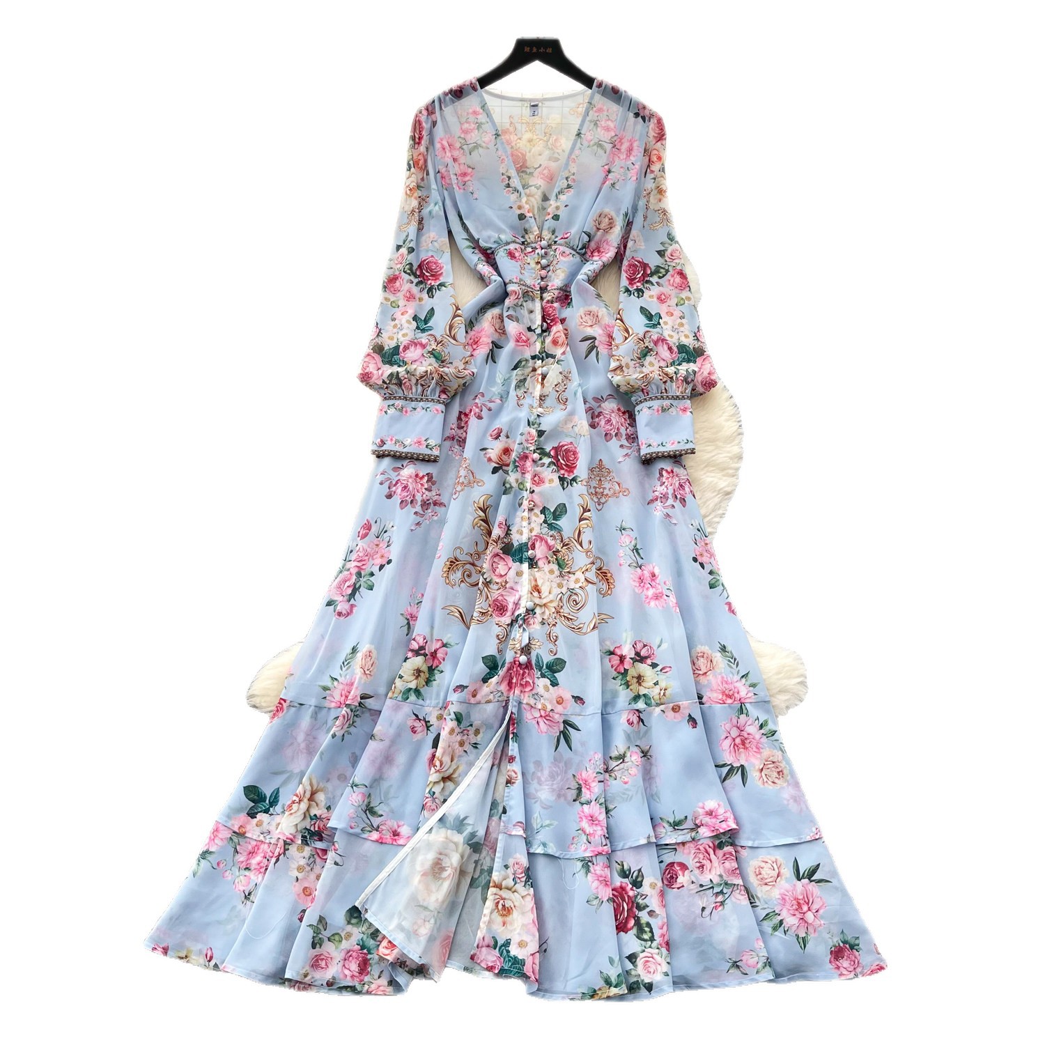 Floral Print Long Sleeve A Line Dress French Vacation Style Bell Sleeves Waist Tie Elegant Design Perfect for