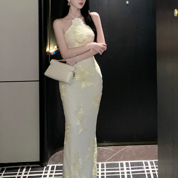 Backless Mermaid Long Dress Floral 3D Design Elegant Fit Sheer Fabric Perfect for Birthdays and Special Occasions